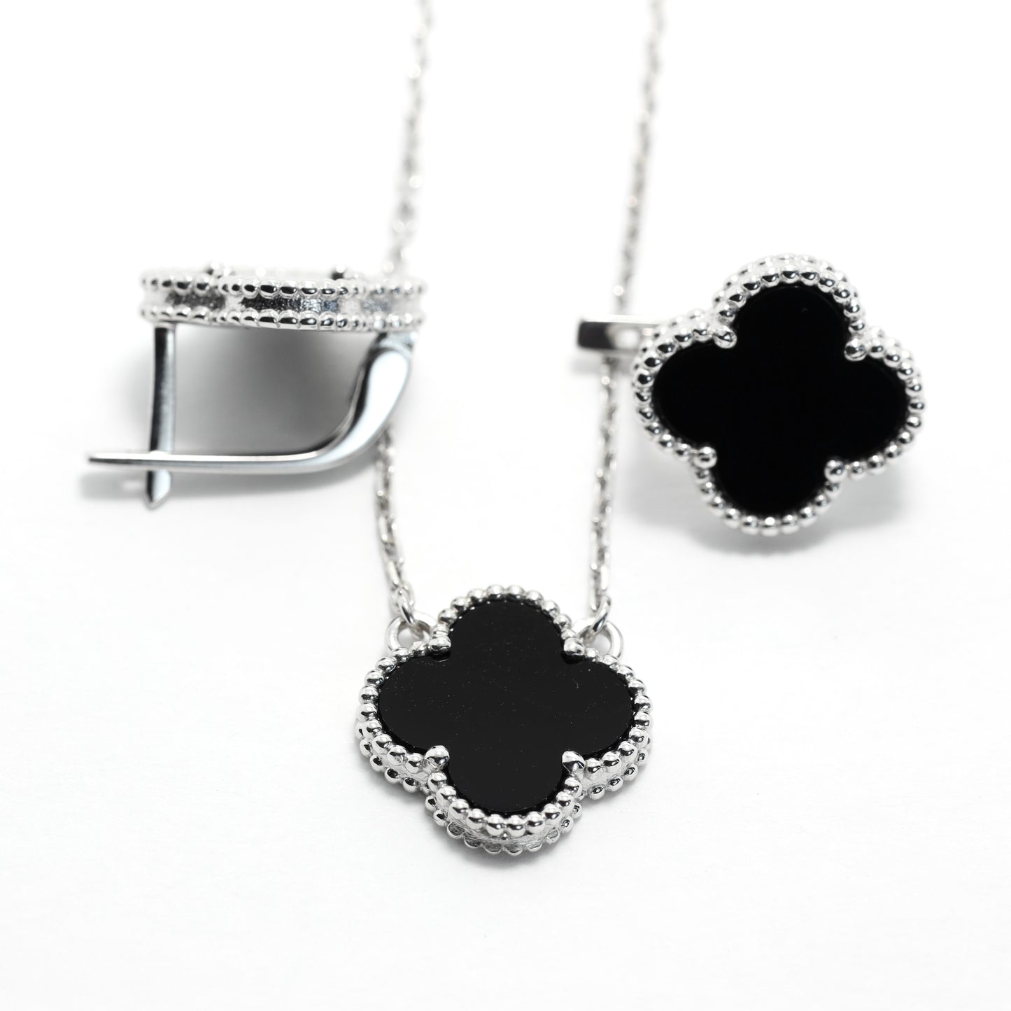 Onyx Clover Jewelry Set Maxi Size | 925 Sterling Silver Luxury Set — Срібний комплект Клевер Maxi з оніксом|552