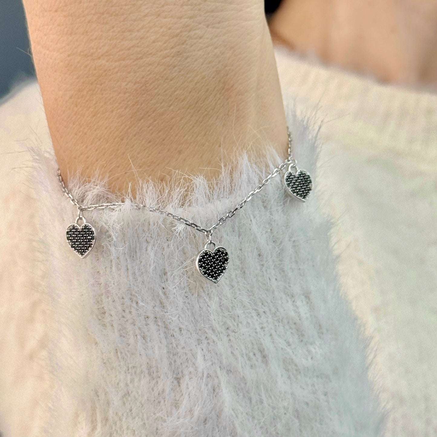 Срібний браслет із сердечками та чорними фіанітами | 925 Sterling Silver Heart Bracelet with Black Cubic Zirconia | 450