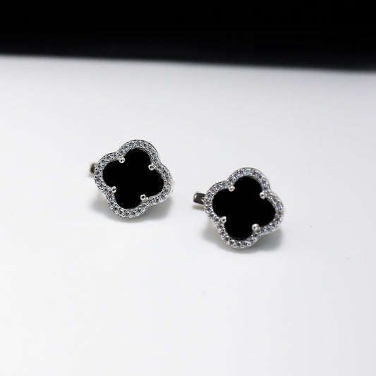 Срібні сережки з чорним оніксом та фіанітами/англійська застібка/срібло 925пр./20719 | 564