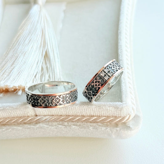 925 Sterling Silver Vyshyvanka Ring with CZ & Gold Accents| Срібна каблучка Вишиванка з фіанітами та золотими вставками|623