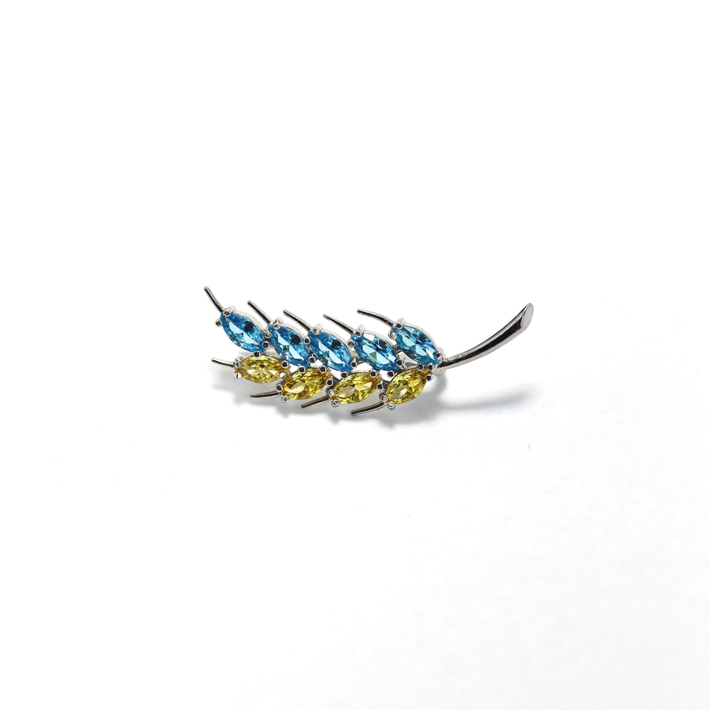 Blue & Yellow Wheat Brooch 925 Silver | Срібна брошка колосок з фіанітами