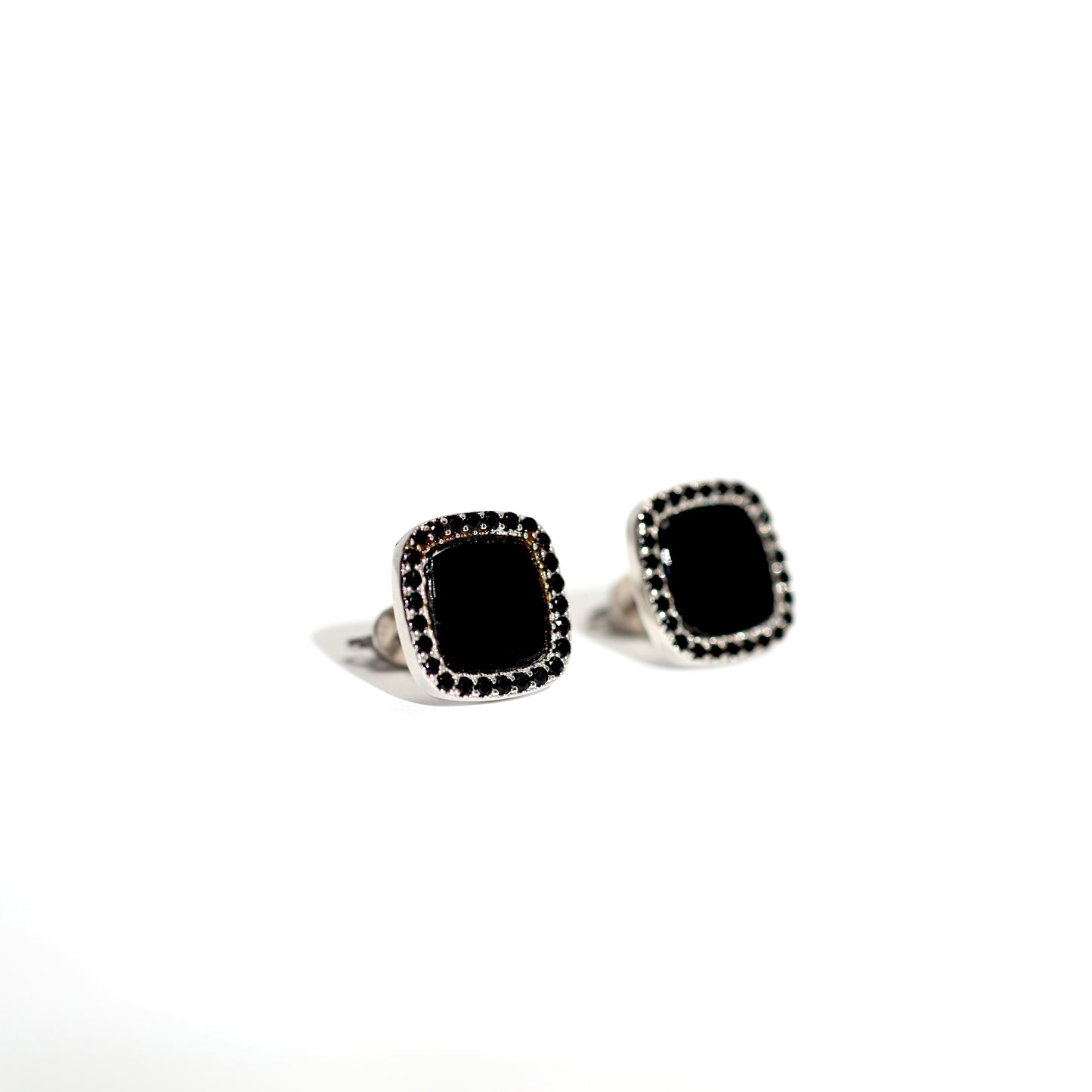 Black Stone Stud Earrings with Zirconia 925 Silver | Срібні сережки з чорним каменем та фіанітами|1007