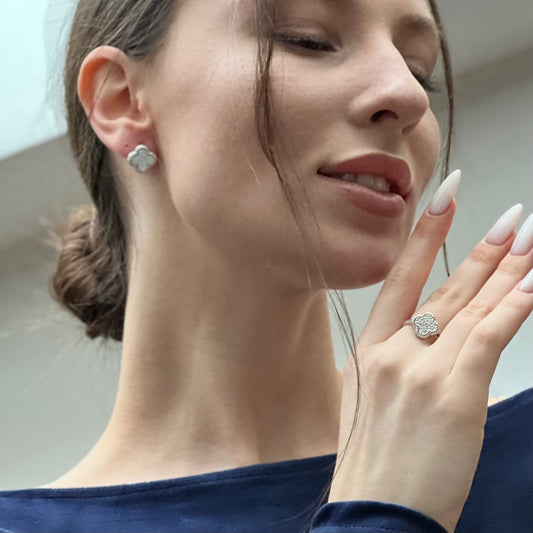 Sterling Silver & Gold Accent Jewelry Set with Earrings and Ring |Срібний комплект прикрас із вставкою золота 375 проби|сережки та каблучка|366