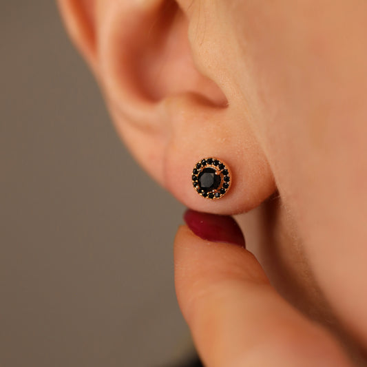 Срібні сережки з чорним фіанітом | Позолота 585 проби | Silver Stud Earrings with Black Cubic Zirconia | 1073