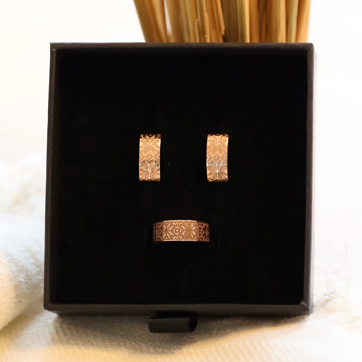 Срібний комплект Вишиванка з позолотою 585 | Silver 925 Gold Plated Jewelry Set | Сережки + Каблучка | Ukrainian Jewelry