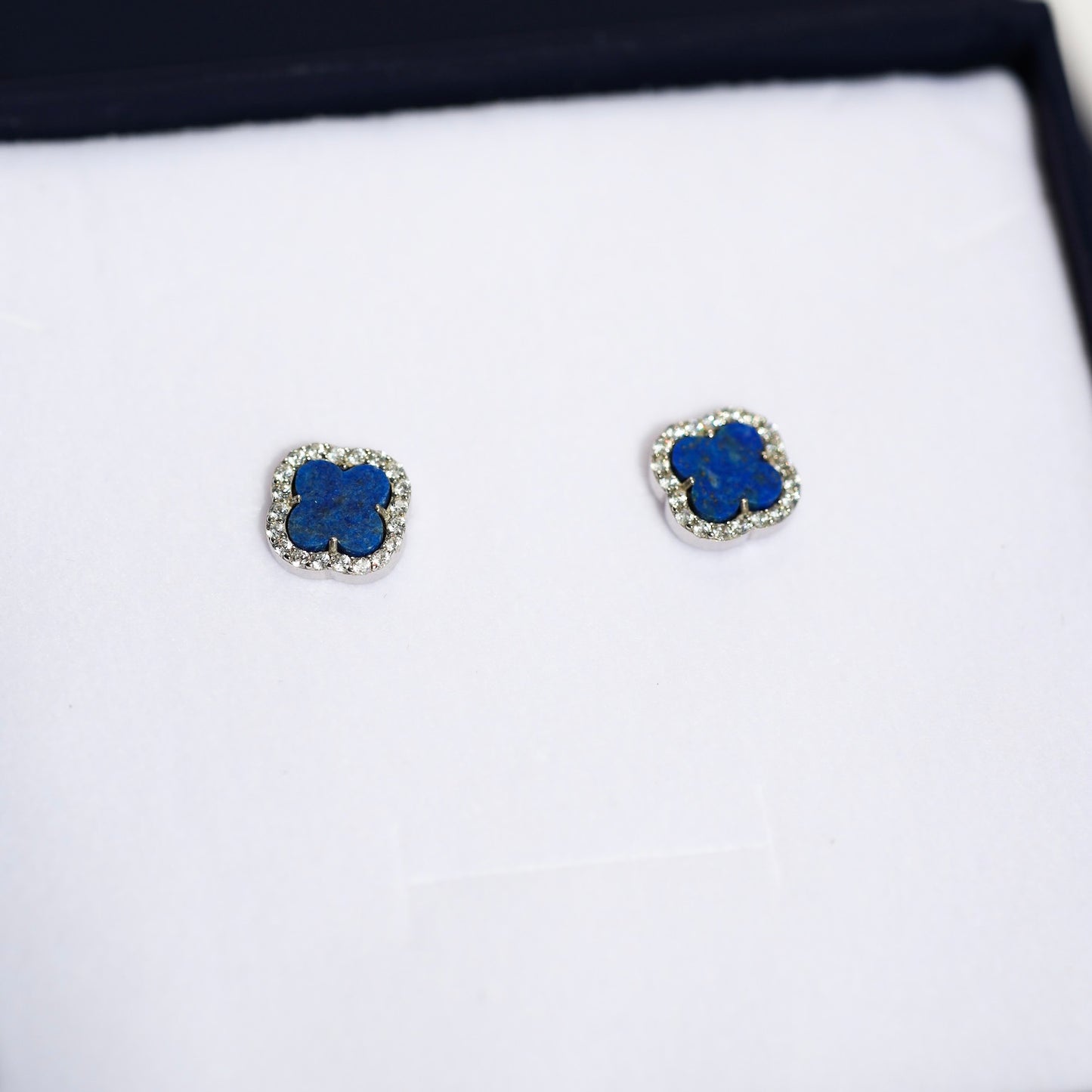 Lapis lazuli stud earrings 925 sterling silver blue clover zirconia