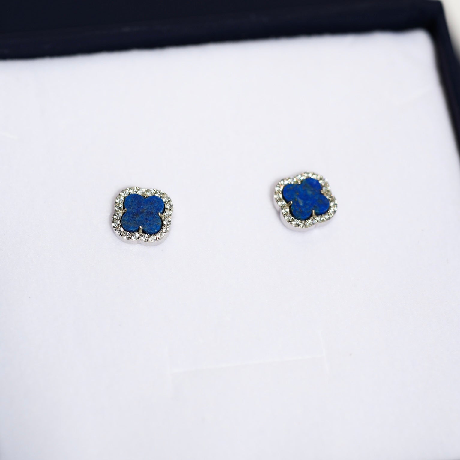 Lapis lazuli stud earrings 925 sterling silver blue clover zirconia