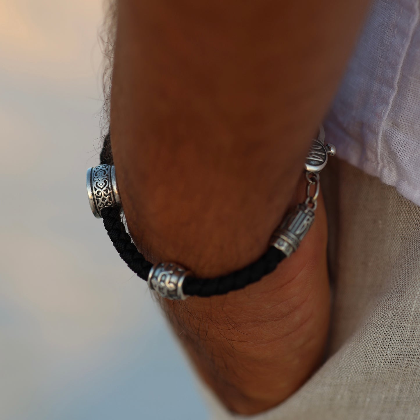 Срібний чоловічий браслет з чорним шнурком та тризубом | Silver Men’s Bracelet Black Cord Handmade Ukraine Jewelry