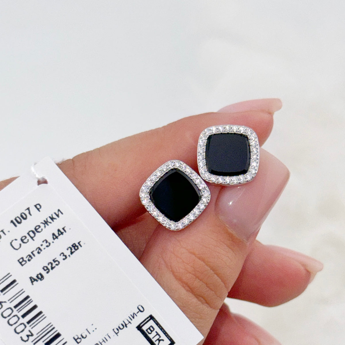 925 Sterling Silver Black Square Earrings | Срібні квадратні сережки з чорною вставкою|1007