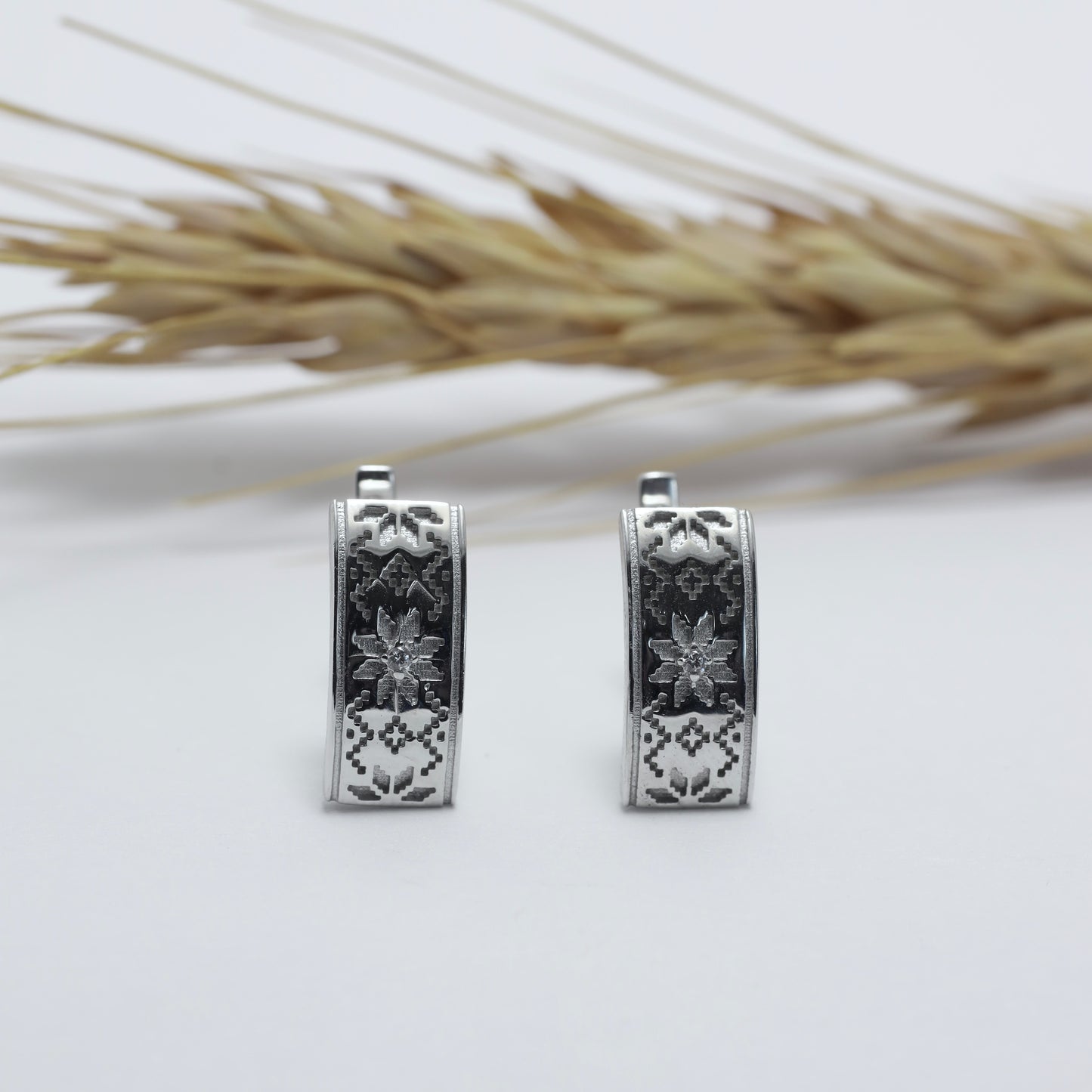 Silver Vyshyvanka Earrings with Cubic Zirconia | Срібні сережки Вишиванка з фіанітом |583/1