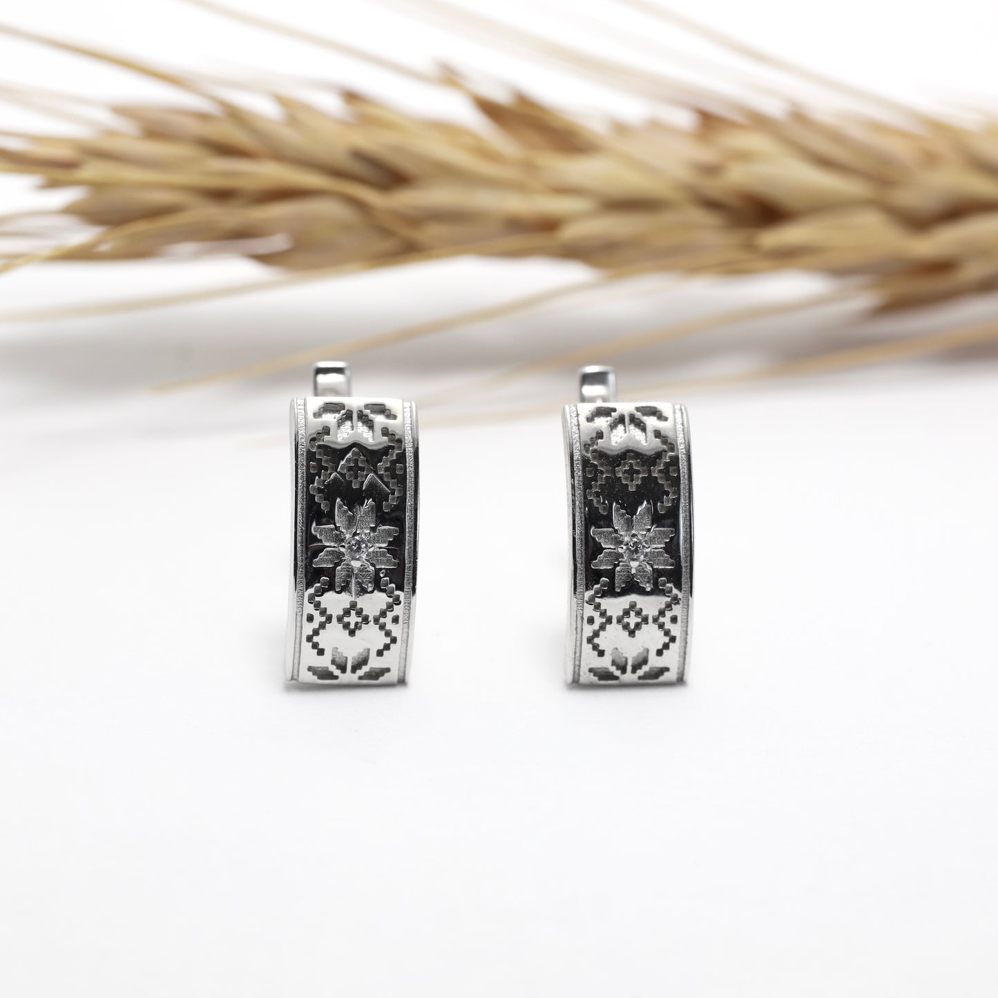 Silver Vyshyvanka Earrings with Cubic Zirconia | Срібні сережки Вишиванка з фіанітом |583/1