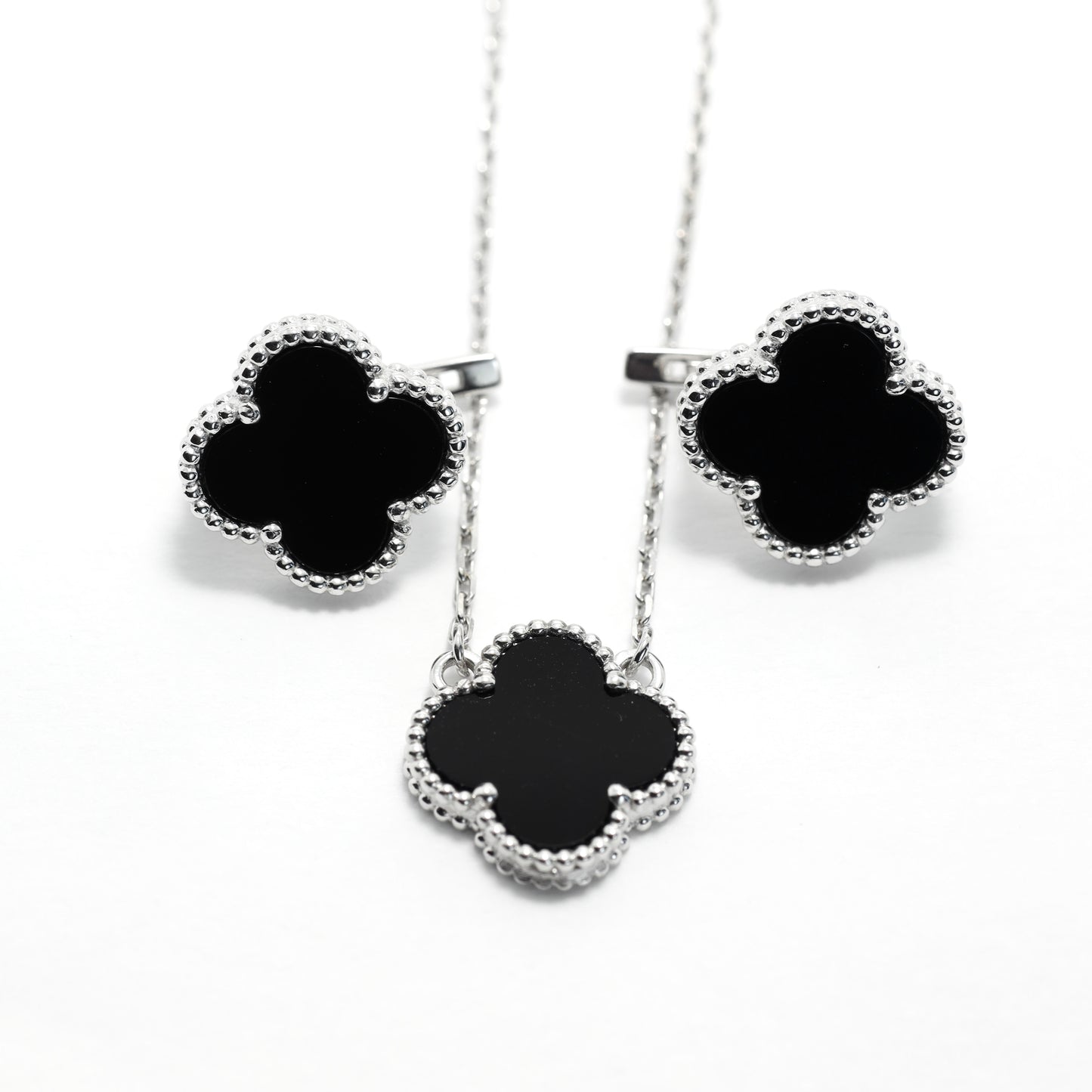 Onyx Clover Jewelry Set Maxi Size | 925 Sterling Silver Luxury Set — Срібний комплект Клевер Maxi з оніксом|552