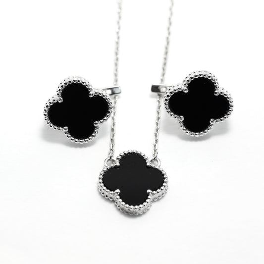 Onyx Clover Jewelry Set Maxi Size | 925 Sterling Silver Luxury Set — Срібний комплект Клевер Maxi з оніксом|552