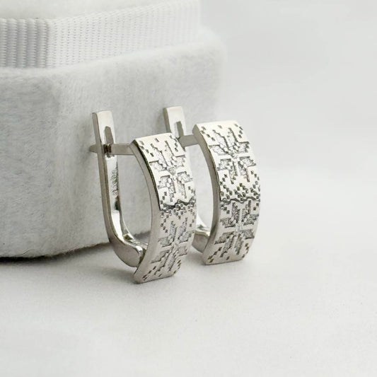 Сережки срібні 925 з орнаментом вишиванки | Ukrainian silver embroidered pattern earrings 925 sterling | 047