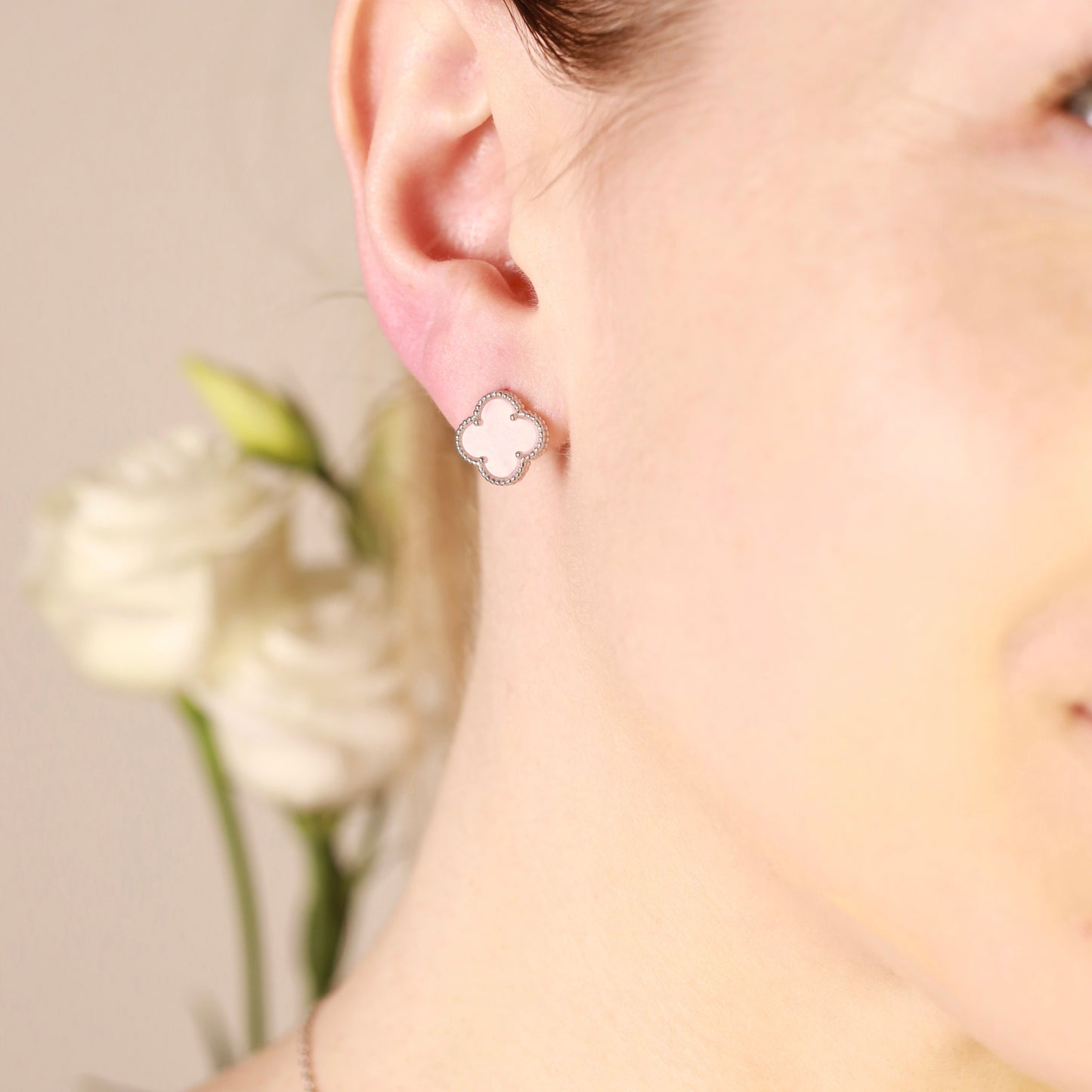 Rose Quartz Clover Earrings | 925 Sterling Silver Luxury Jewelry — Срібні сережки з кварцом|049
