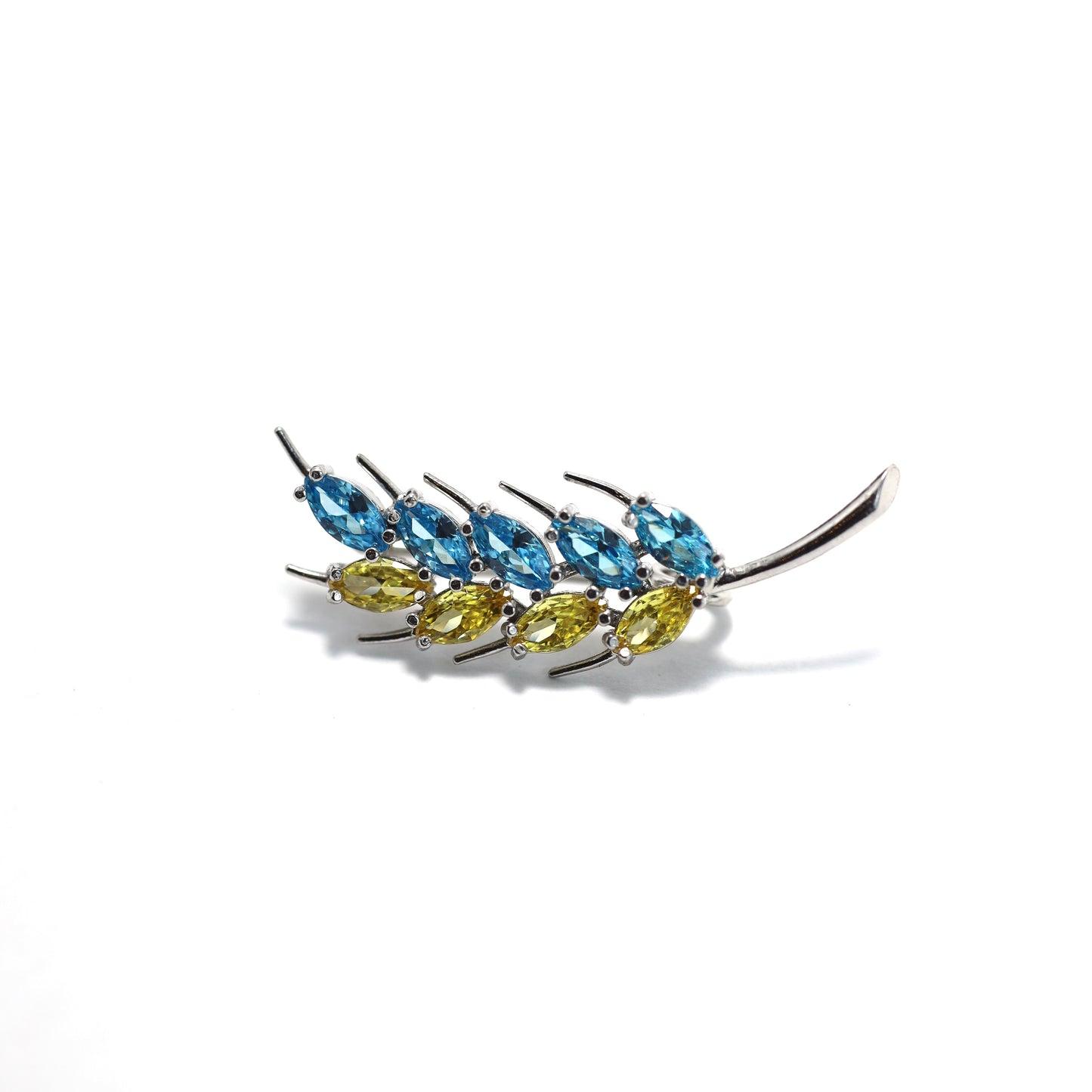 Blue & Yellow Wheat Brooch 925 Silver | Срібна брошка колосок з фіанітами