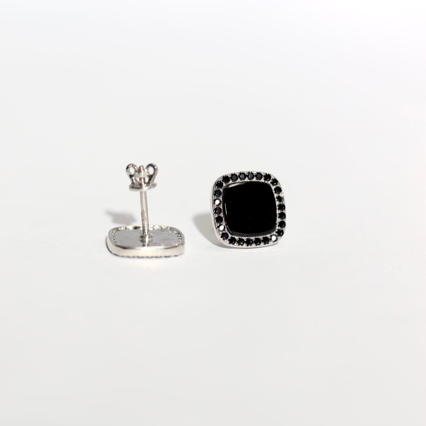 Black Stone Stud Earrings with Zirconia 925 Silver | Срібні сережки з чорним каменем та фіанітами|1007