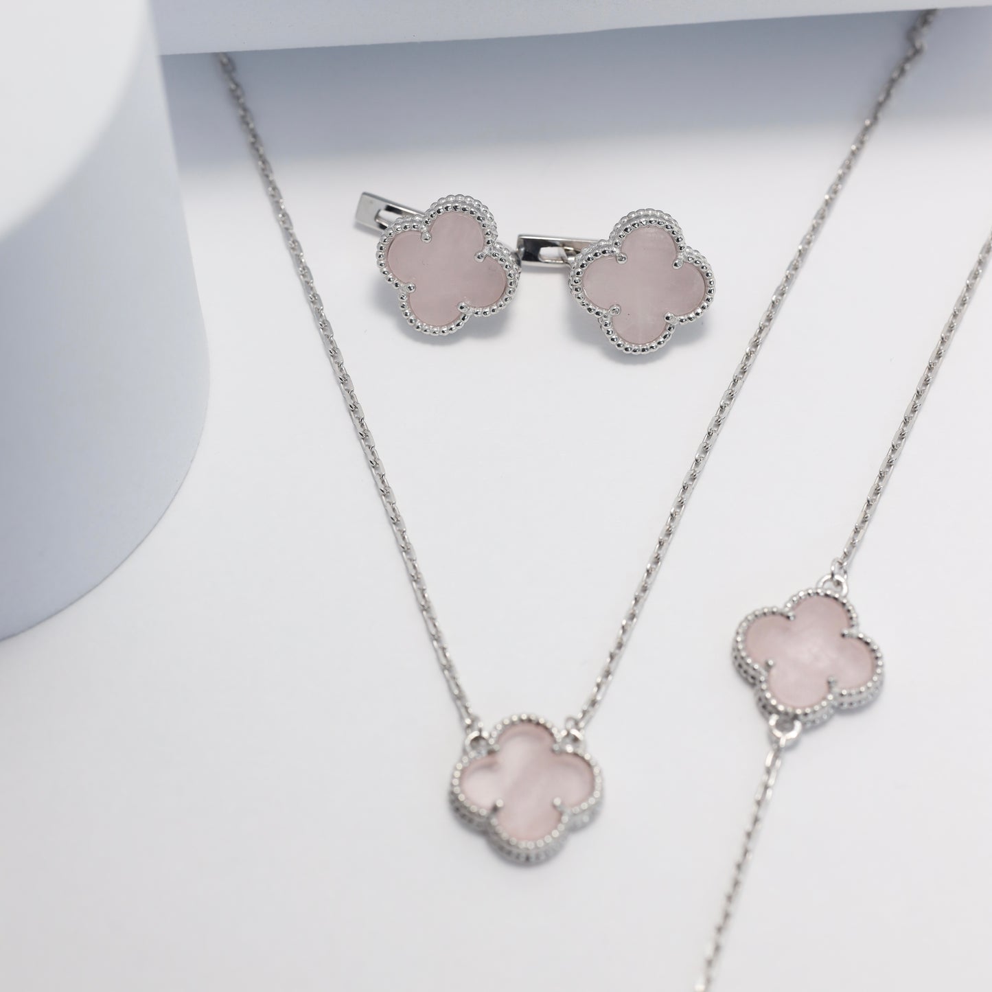 Rose Quartz Clover Jewelry Set | 925 Sterling Silver | Срібний комплект з рожевим кварцом|сережки|кольє|браслет|338