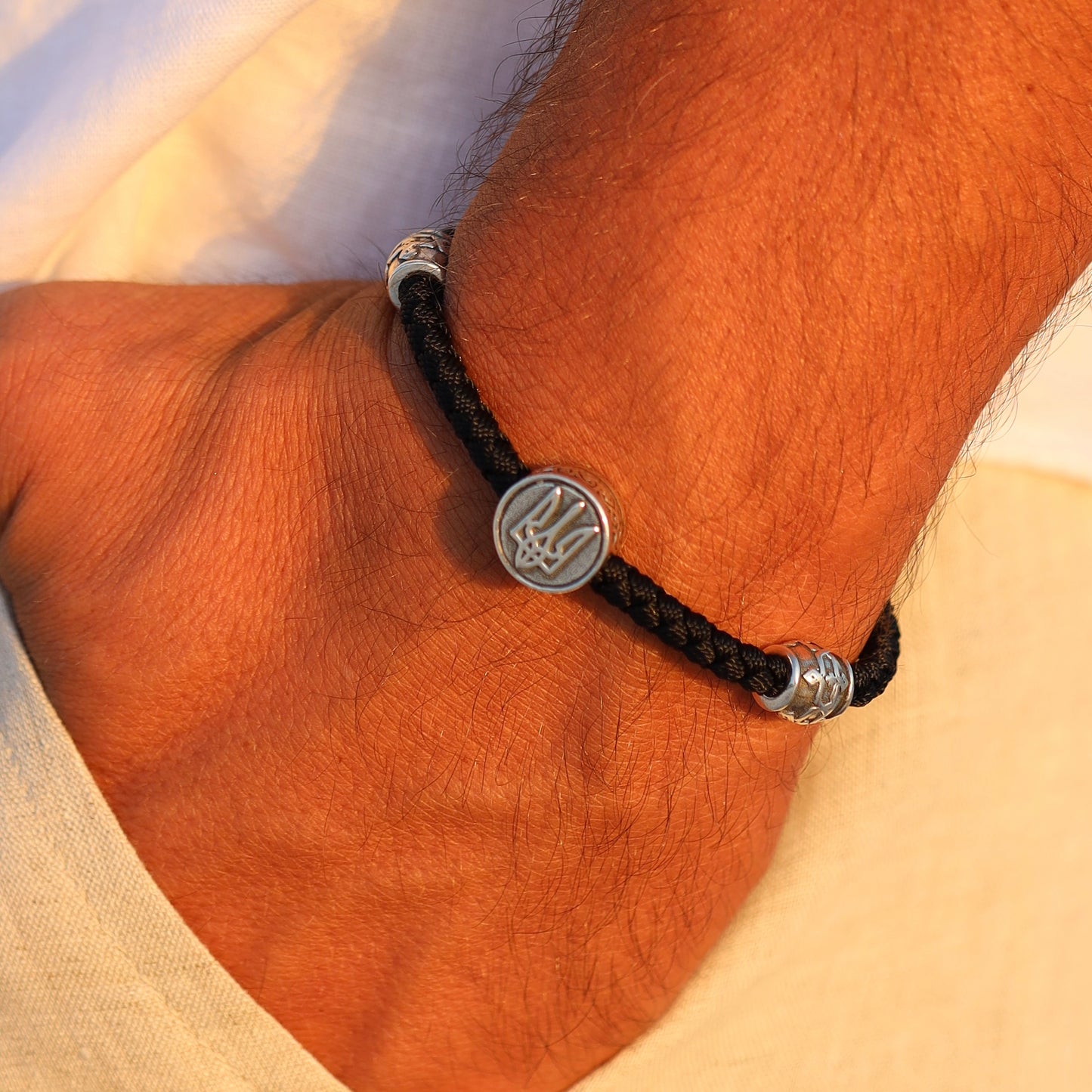 Срібний чоловічий браслет з чорним шнурком та тризубом | Silver Men’s Bracelet Black Cord Handmade Ukraine Jewelry
