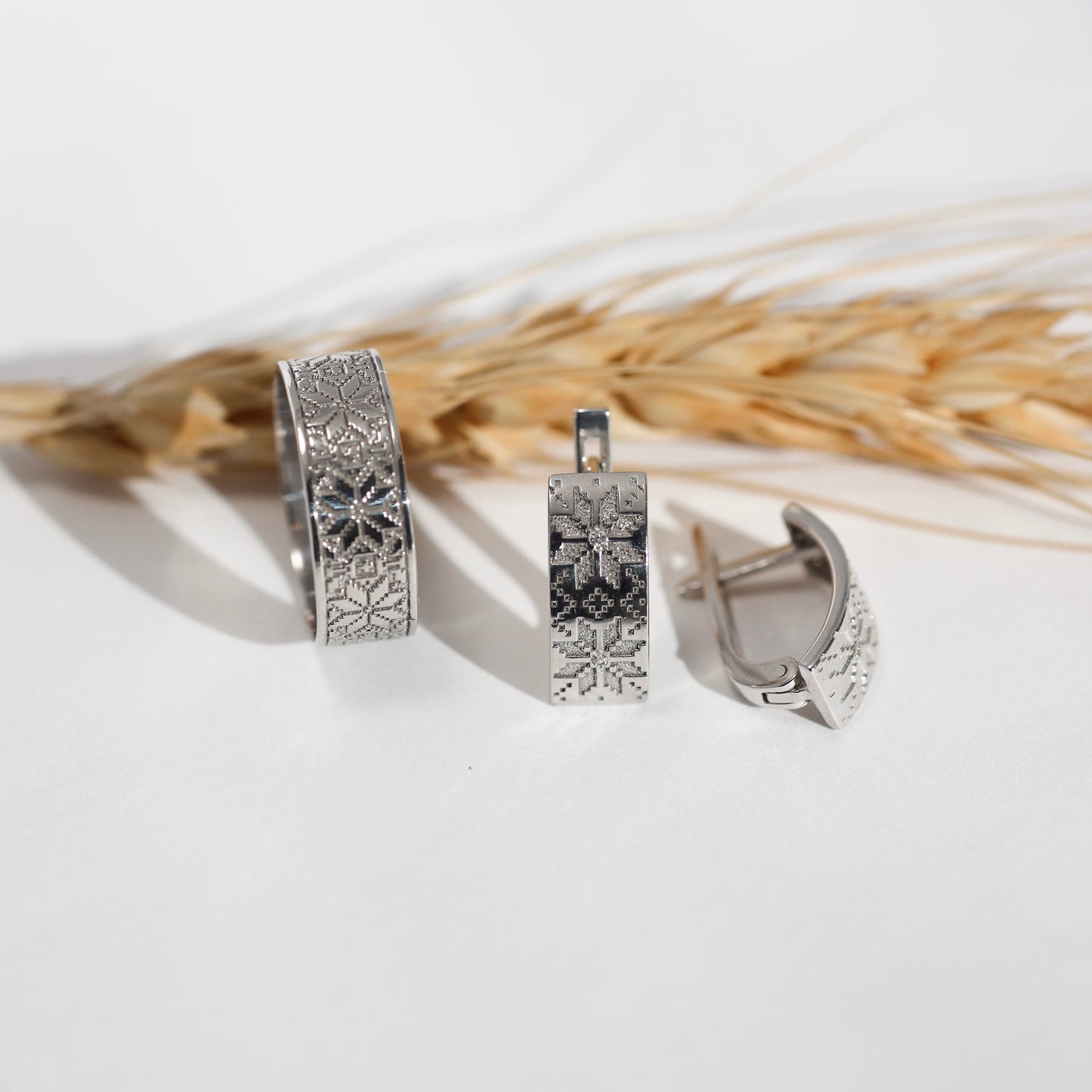Срібний комплект Вишиванка 925 | Silver Vyshyvanka Jewelry Set 925 | Сережки + Каблучка | Ukrainian Jewelry