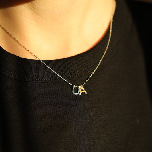 Срібне кольє/UA/з синьо-жовтими фіанітами/6434