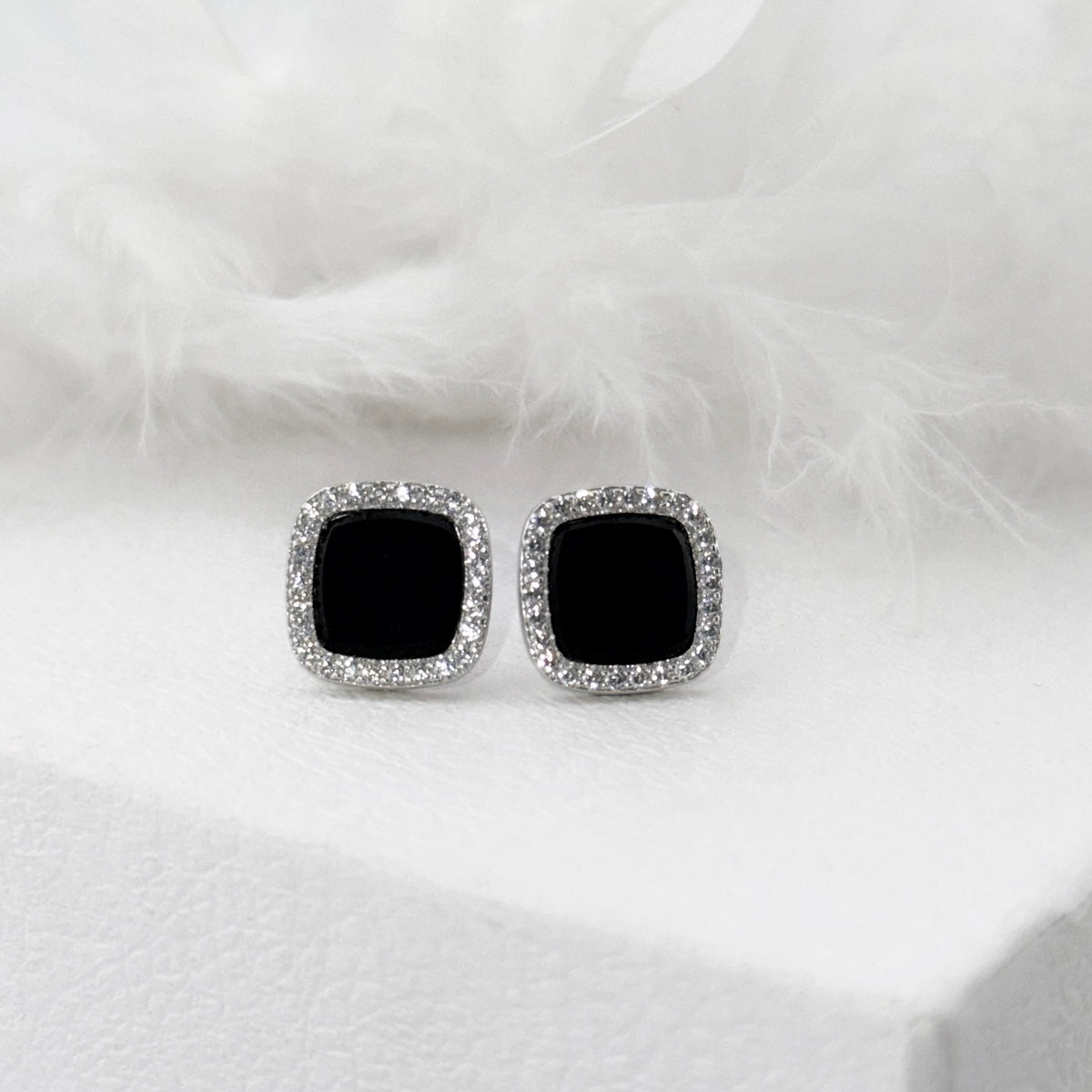 925 Sterling Silver Black Square Earrings | Срібні квадратні сережки з чорною вставкою|1007