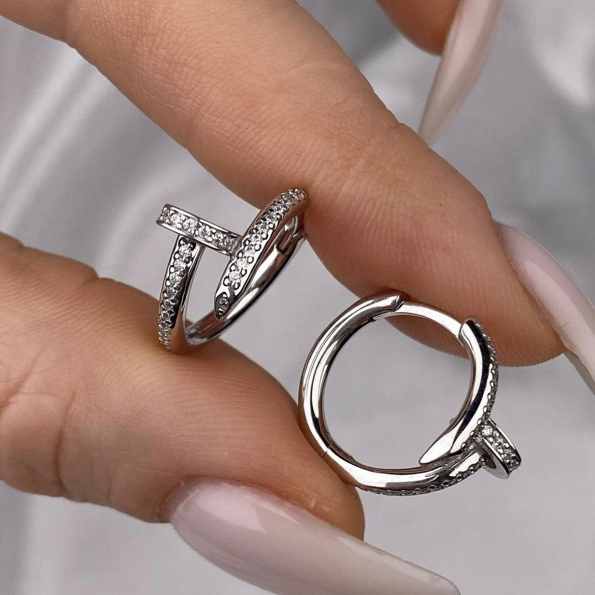 Luxury Hoop Earrings 925 Silver | Срібні сережки-кільця цвяшок з фіанітами|20794