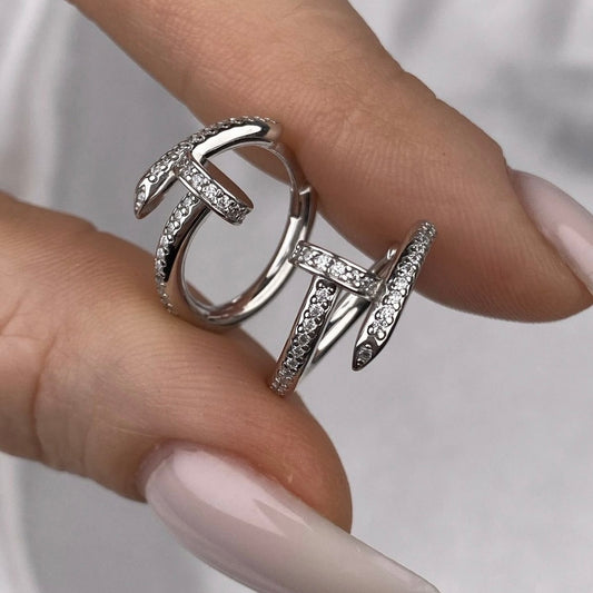 Luxury Hoop Earrings 925 Silver | Срібні сережки-кільця цвяшок з фіанітами|20794