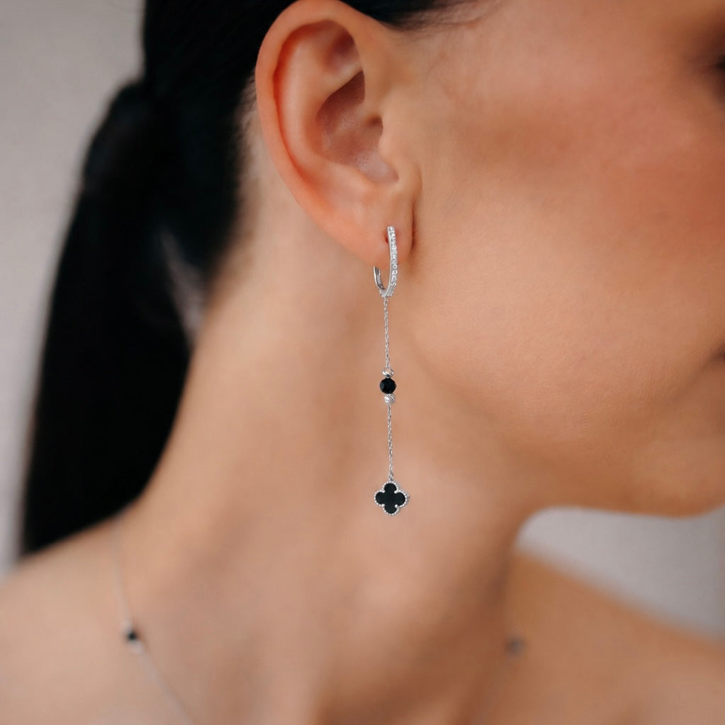 925 Sterling Silver Onyx Drop Earrings with Zirconia | Срібні сережки-підвіски з оніксом та фіанітами|824