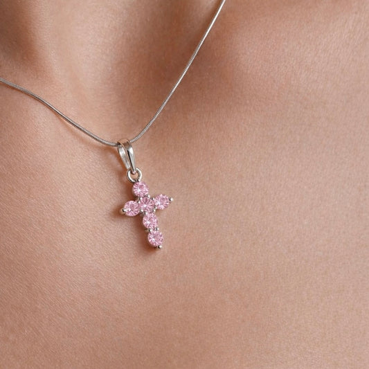 Delicate Pink Cross Pendant 925 Silver with Zirconia | Маленький срібний хрестик з рожевими фіанітами|39174