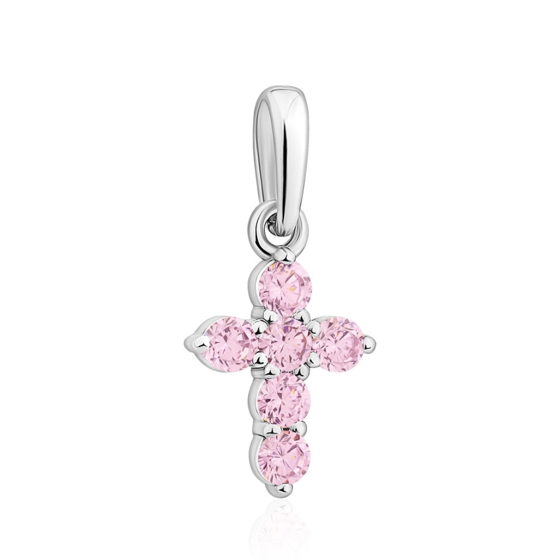Delicate Pink Cross Pendant 925 Silver with Zirconia | Маленький срібний хрестик з рожевими фіанітами|39174