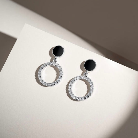 Silver Drop Earrings with Black Enamel & Zirconia 925 | Срібні сережки з емаллю та фіанітами|20742