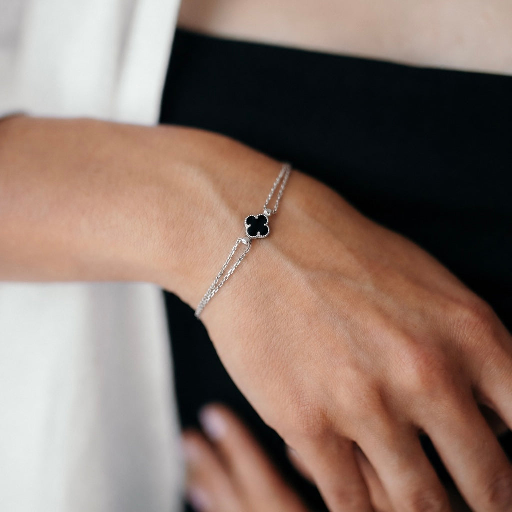 Sterling Silver Onyx Clover Bracelet | Срібний браслет Чорна Конюшина з оніксом |644