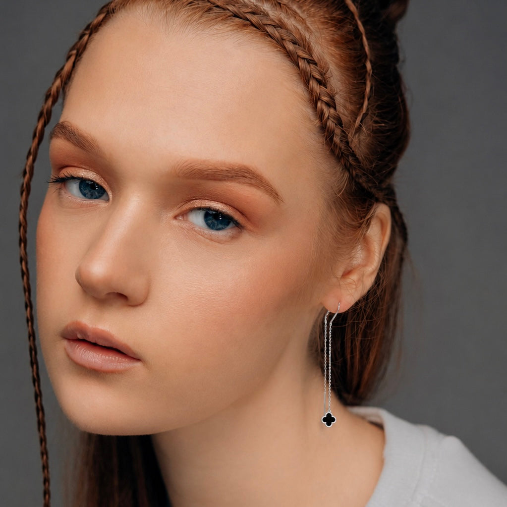 Срібні сережки-протяжки Noir 925 з емаллю | Noir Silver Threader Earrings 925 with Enamel|576