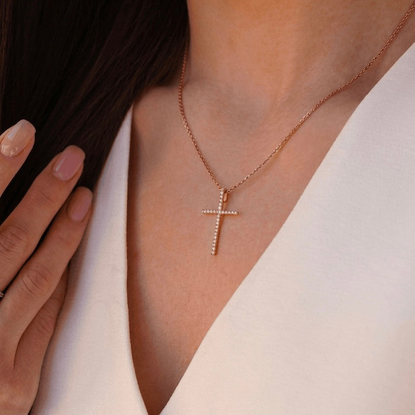 Золотий хрестик з фіанітами | Gold Cross Pendant | Золото 585 | 14K Gold Cross |5244