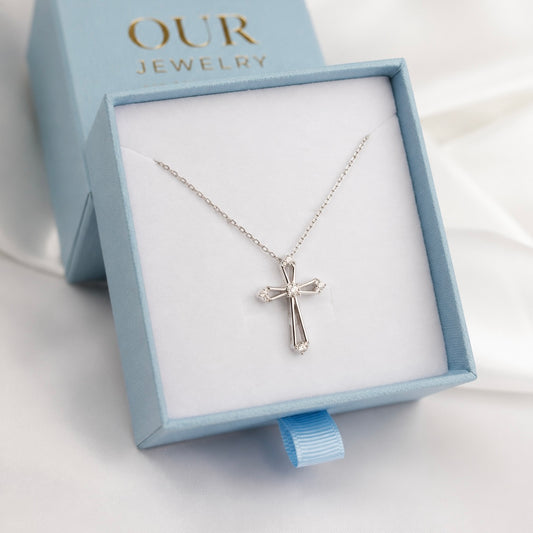 925 Sterling Silver Cross Necklace with Cubic Zirconia | Срібне кольє з хрестиком та фіанітами|6050
