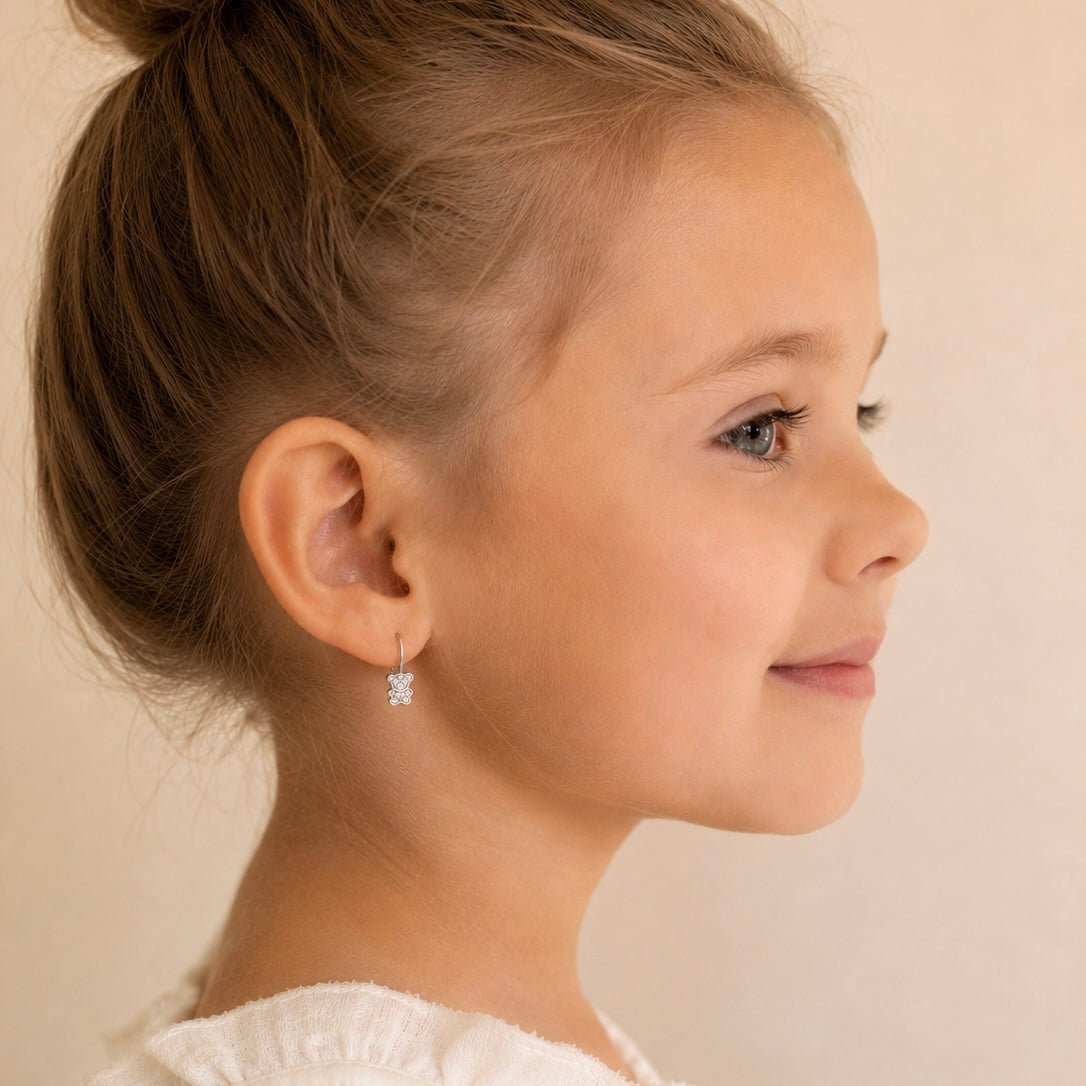 Sterling Silver Children’s Teddy Bear Earrings with Zircon | Дитячі срібні сережки Ведмедик з цирконієм|455