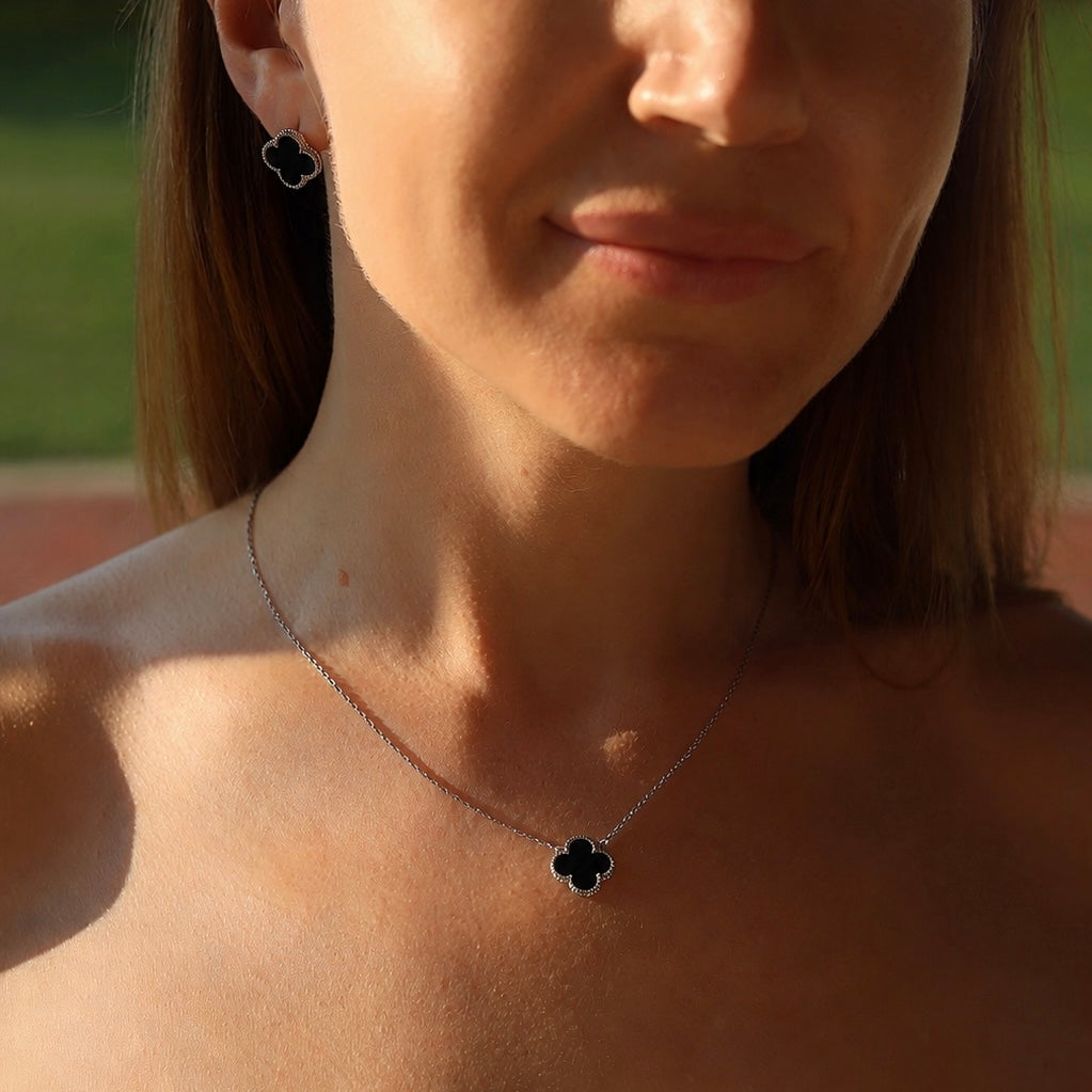 Silver Onyx Clover Necklace Maxi Size | Срібне кольє з оніксом Клевер максі | 552