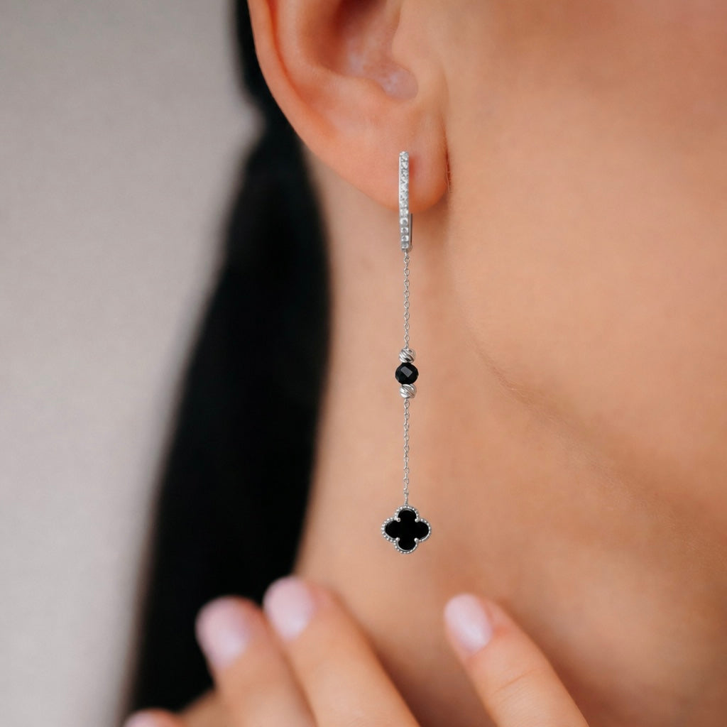 925 Sterling Silver Onyx Drop Earrings with Zirconia | Срібні сережки-підвіски з оніксом та фіанітами|824