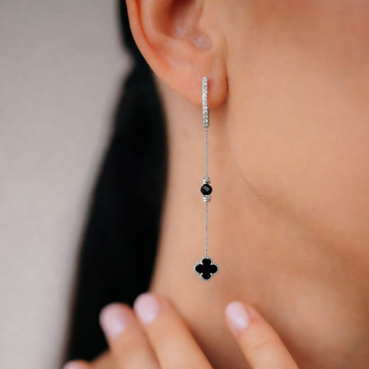 925 Sterling Silver Onyx Drop Earrings with Zirconia | Срібні сережки-підвіски з оніксом та фіанітами|824
