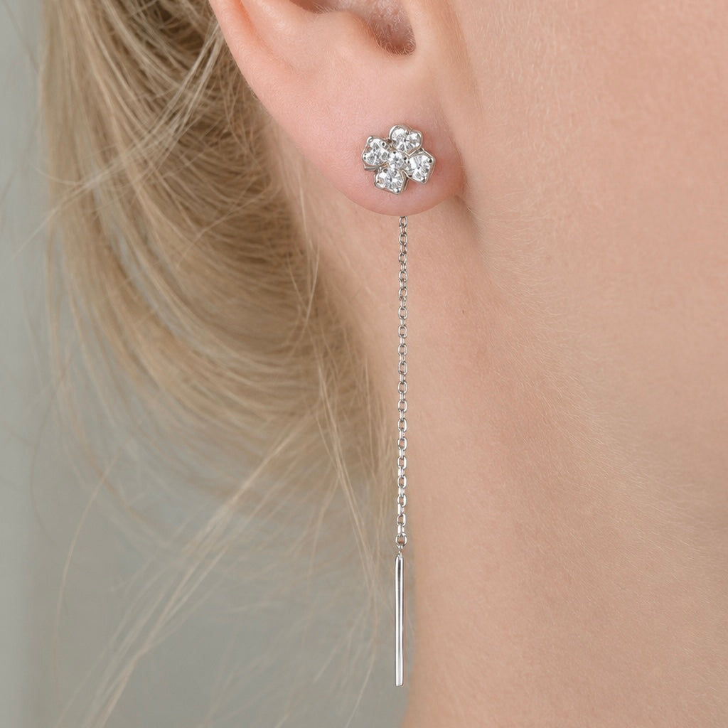 Silver Clover Threader Earrings with Zircon | Срібні сережки-протяжки Конюшина з цирконієм|287