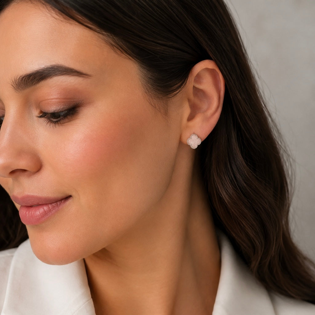 Rose Quartz Clover Earrings | 925 Sterling Silver Luxury Jewelry — Срібні сережки з кварцом|049