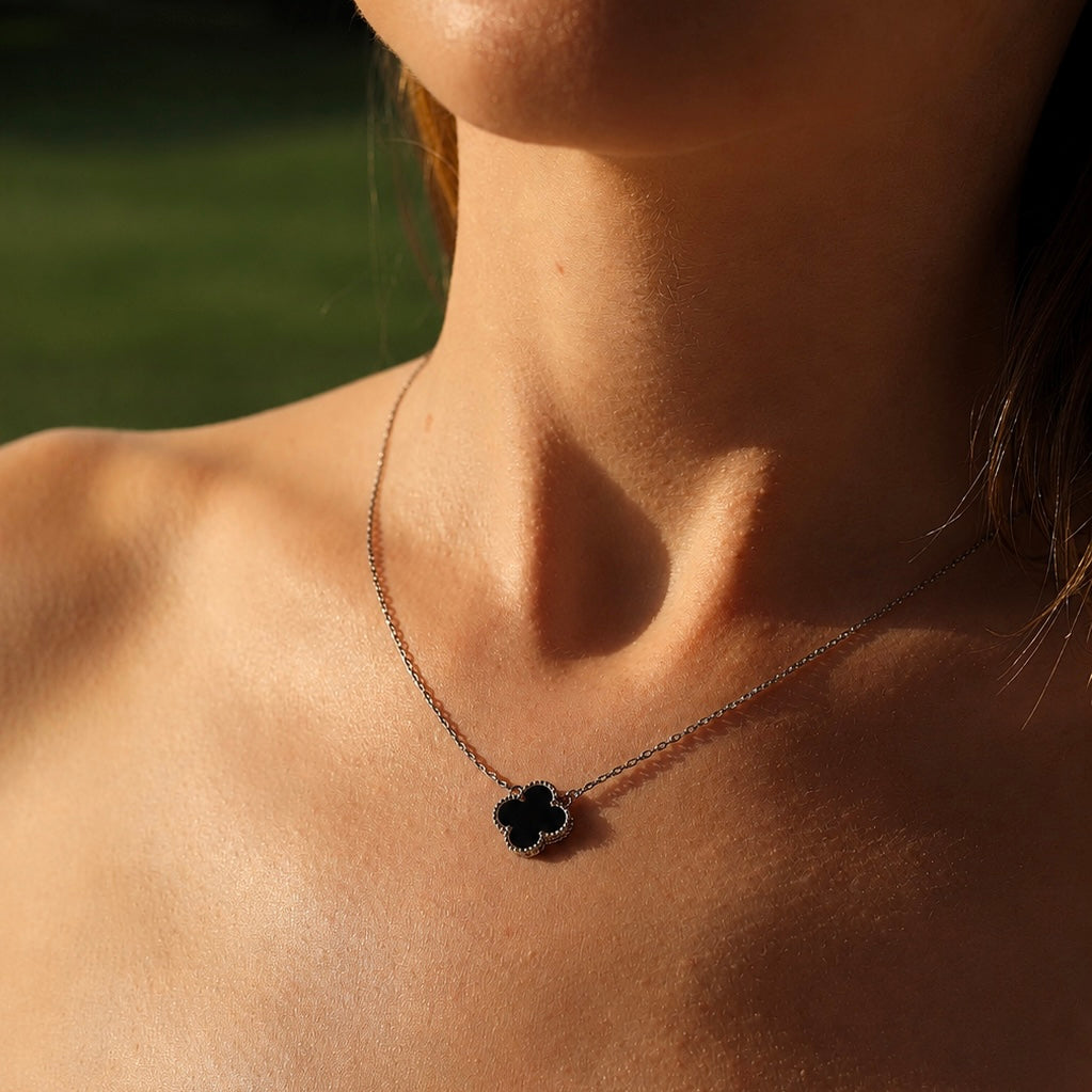Silver Onyx Clover Necklace Maxi Size | Срібне кольє з оніксом Клевер максі | 552