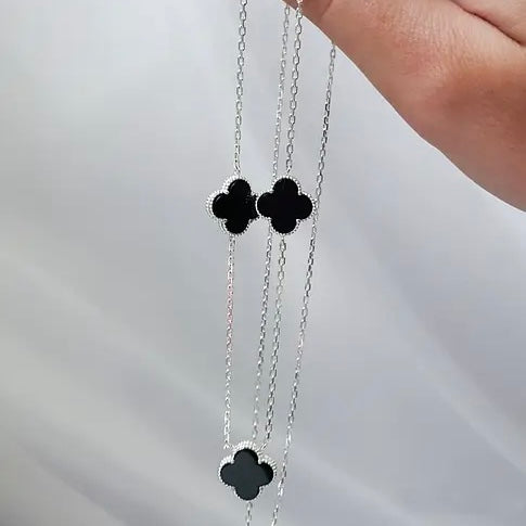 925Silver Onyx Flower Necklace | Срібне кольє 925 з оніксом |5 квіточок 338