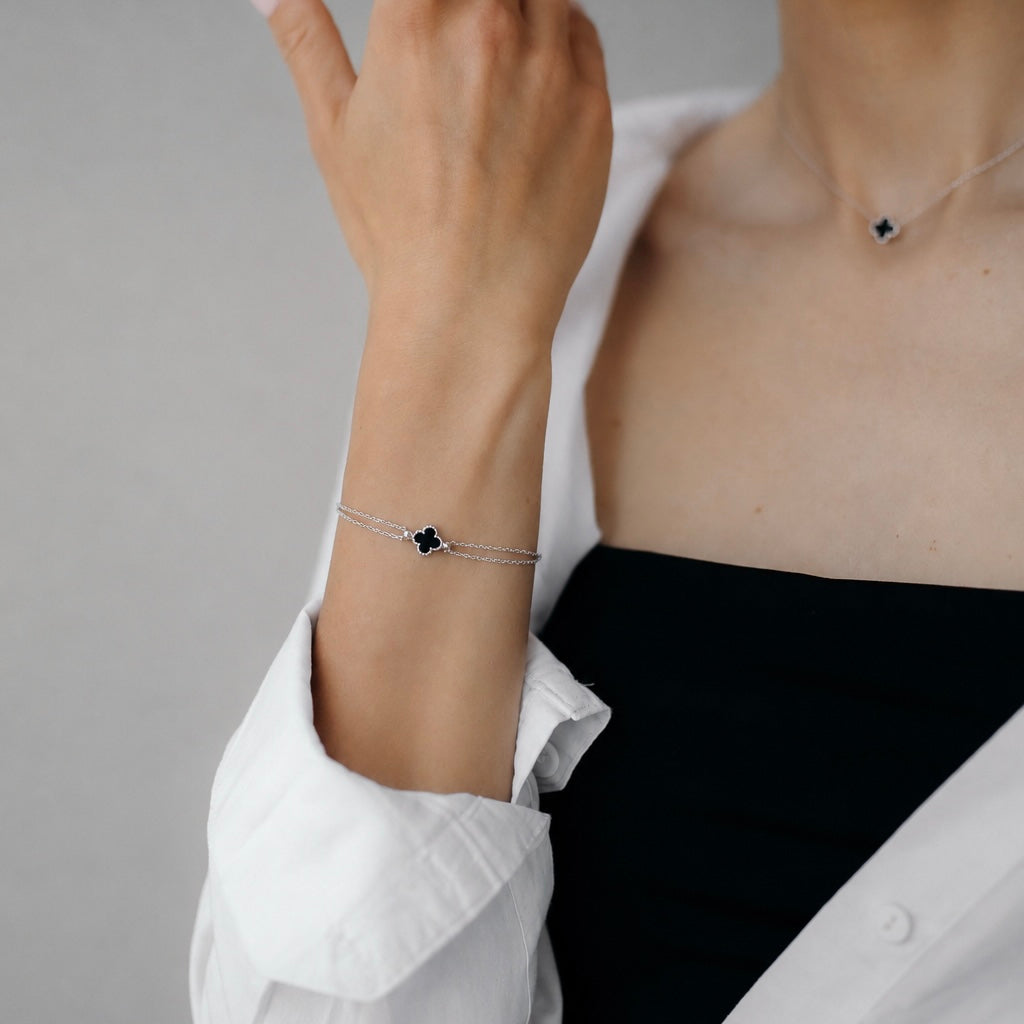 Sterling Silver Onyx Clover Bracelet | Срібний браслет Чорна Конюшина з оніксом |644