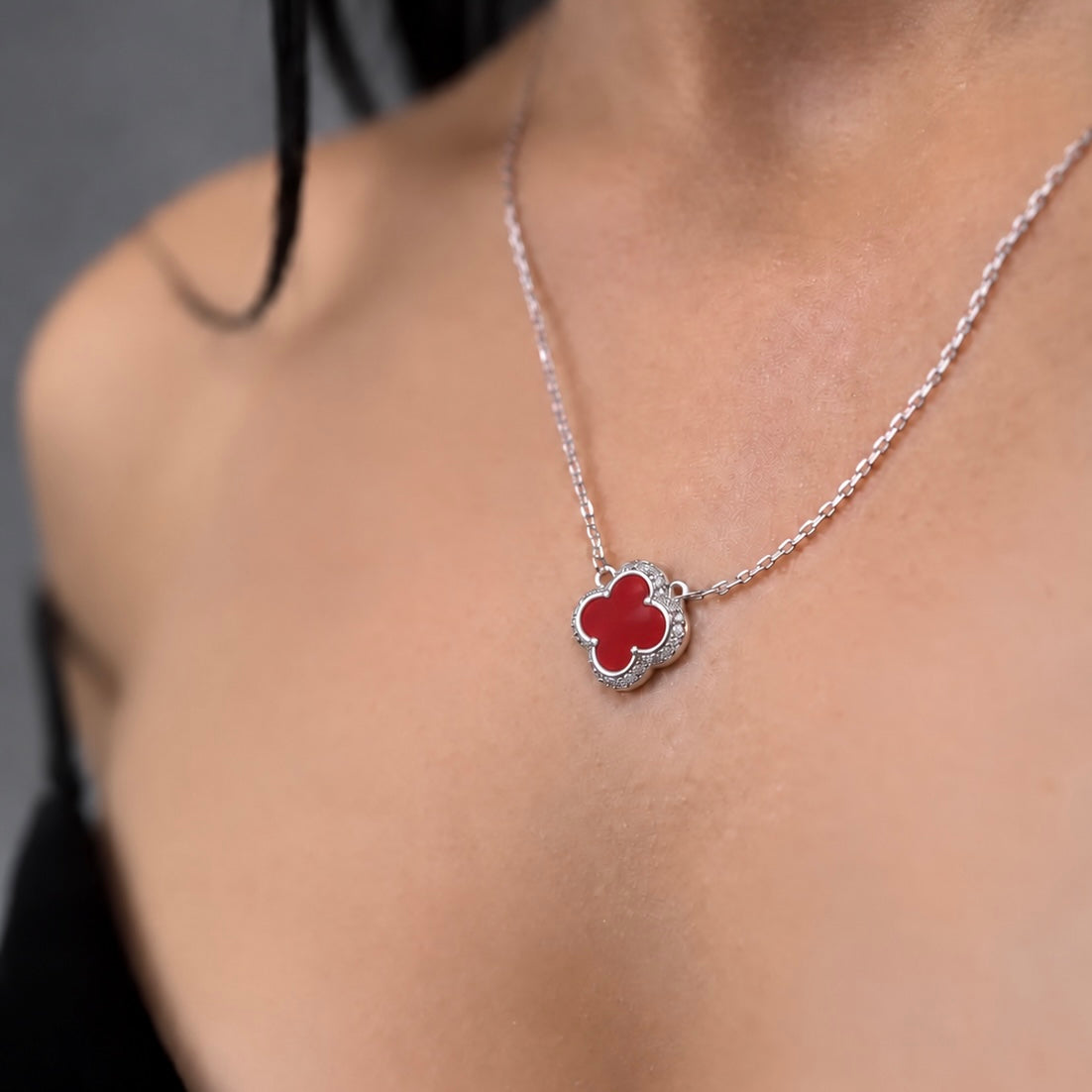 925 Sterling Silver Red Agate Clover Jewelry Set with CZ| Срібний комплект з червоним агатом та фіанітами