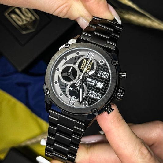 Men’s Ukrainian Tryzub Watch – Black Bracelet| Чоловічий годинник-хронограф із тризубом і чорним браслетом|016