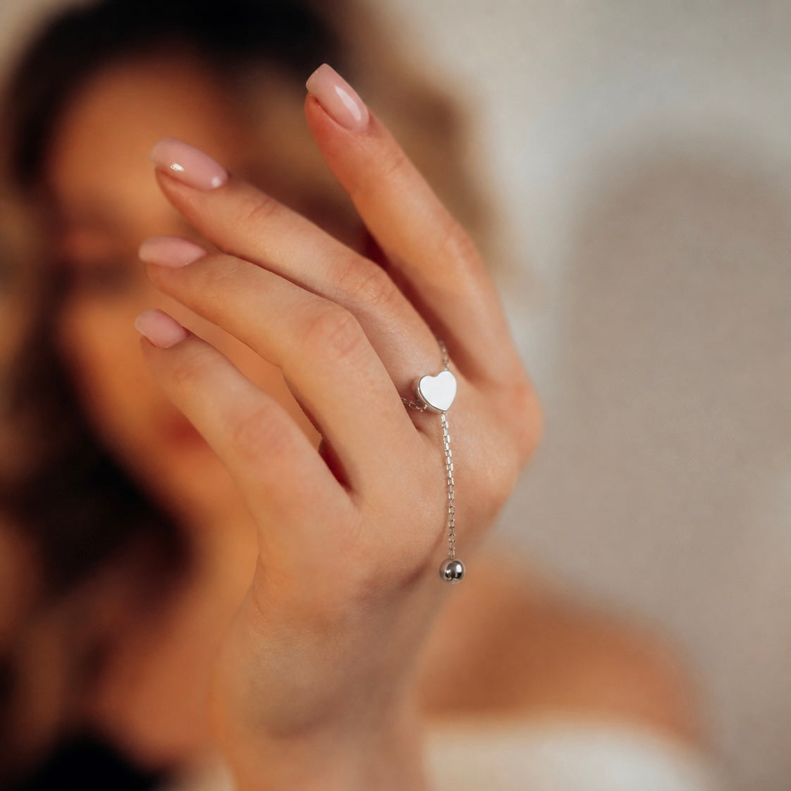 Срібна каблучка-ланцюжок 925 з регулюванням| Adjustable Silver Chain Ring 925 Heart Slider Minimalist Jewelry|604