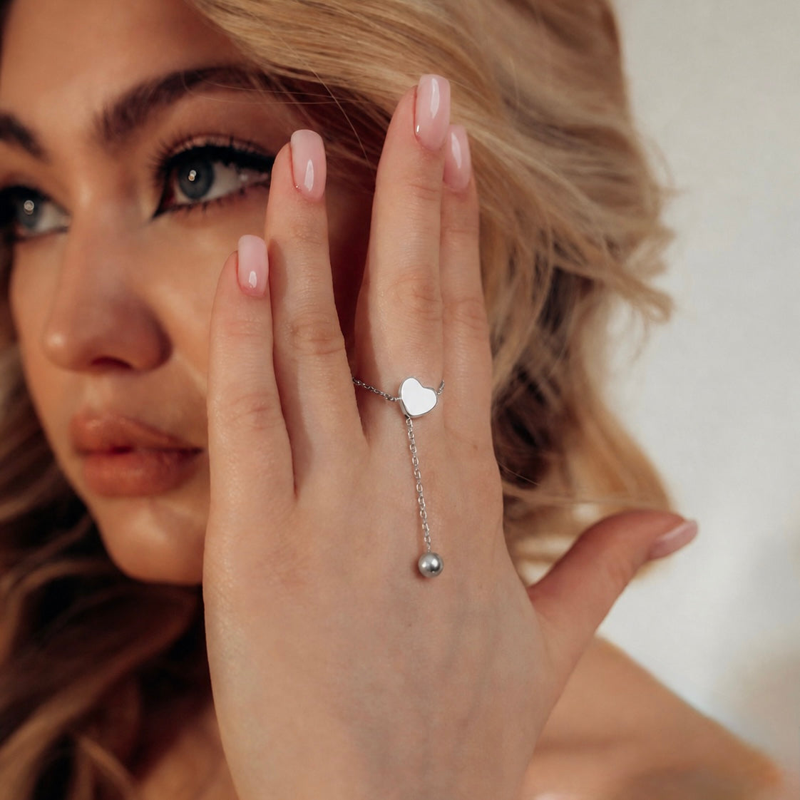 Срібна каблучка-ланцюжок 925 з регулюванням| Adjustable Silver Chain Ring 925 Heart Slider Minimalist Jewelry|604