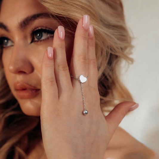 Срібна каблучка-ланцюжок 925 з регулюванням| Adjustable Silver Chain Ring 925 Heart Slider Minimalist Jewelry|604